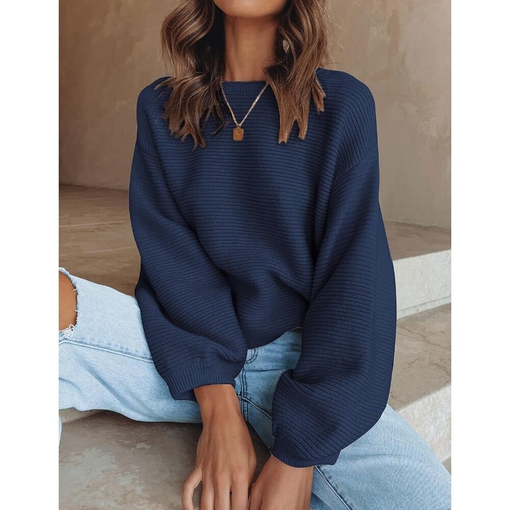 Women's Pullover Sweater Tops Navy Crew Neck Long Sleeve Casual Loose Knit - Picture 8 of 9